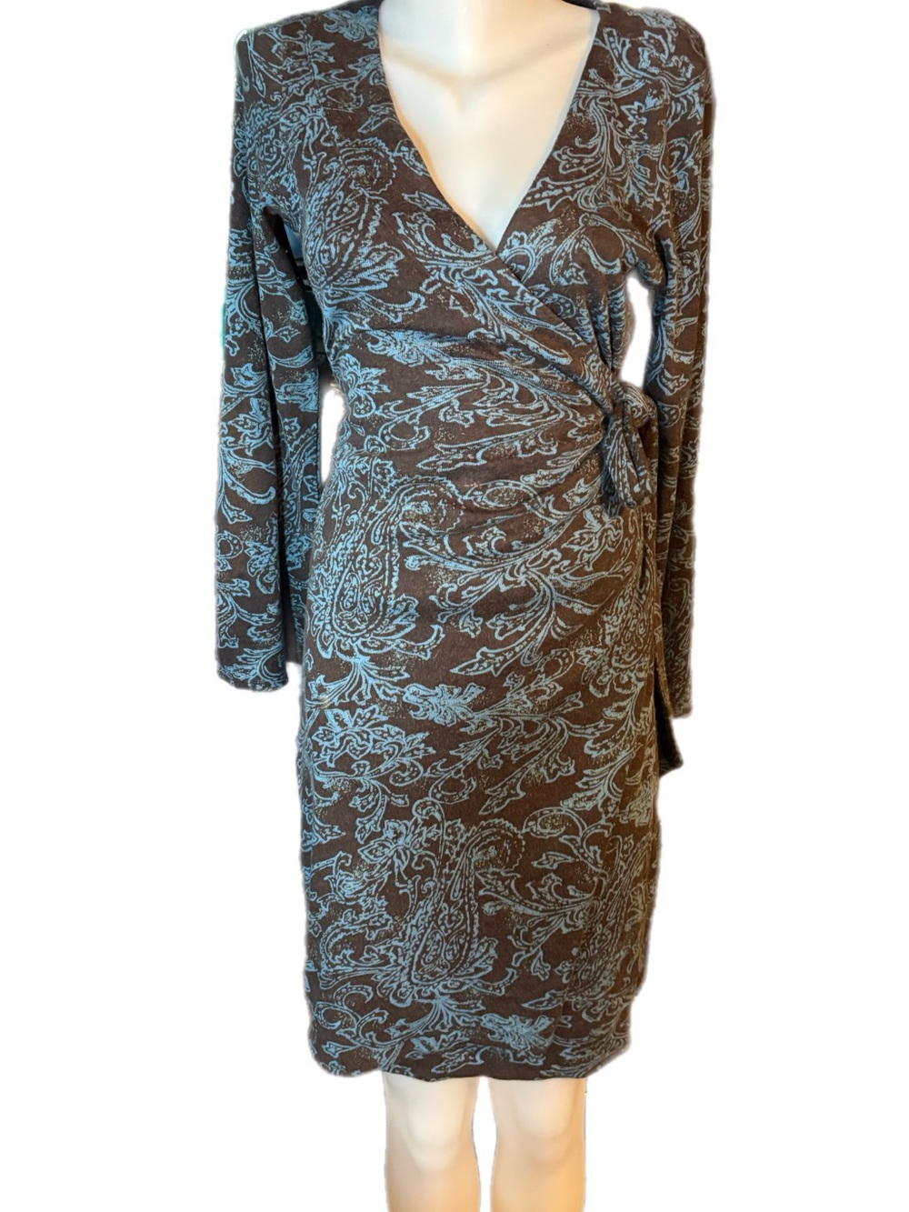 Esprit Brown and Light Blue Paisley sweater Wrap Dress - Women's Long Sleeve